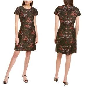 Michael Kors Collection Floral Brocade A-Line Dress In Rosewood And Spruce